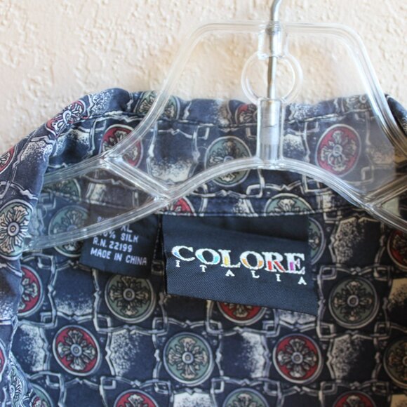 Colore Italia Silk Shirt Size XL Short Sleeved Button Up Blue Red Geometric - Picture 2 of 3